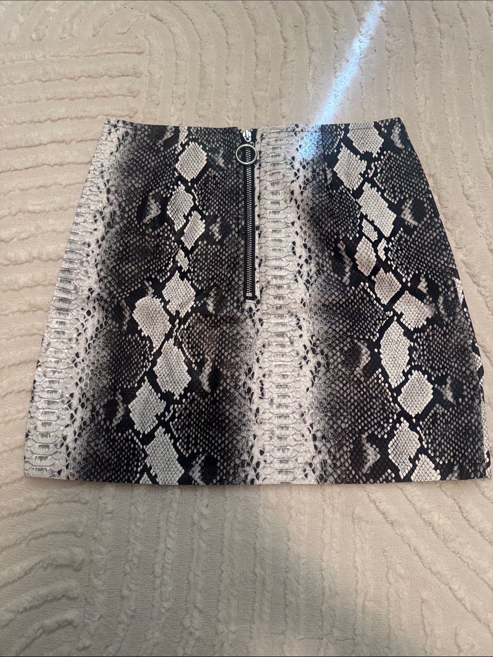 Black & White Snake-Print Mini Skirt with Ring Zip